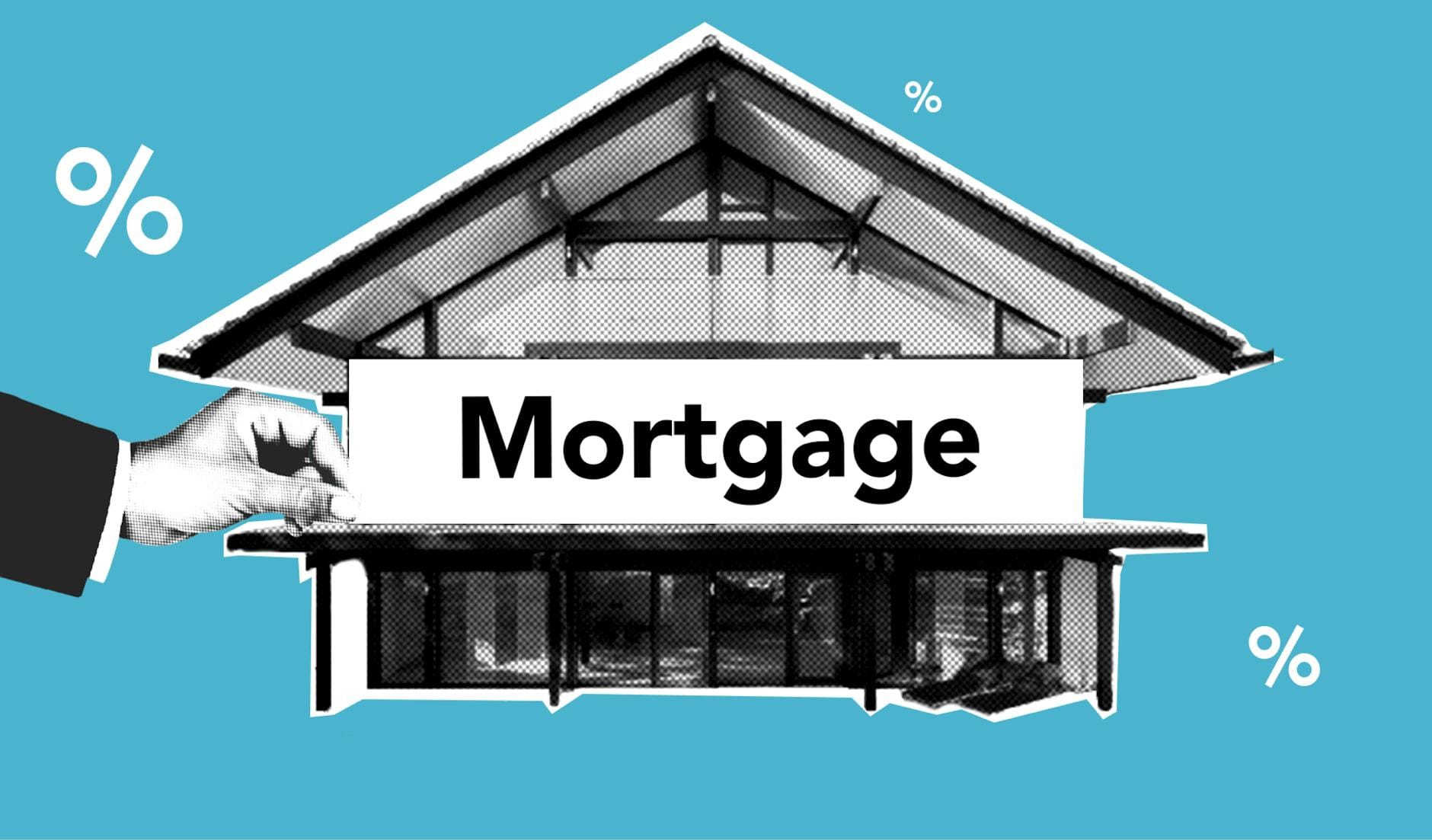 Cutout paper composition of realtor with inscription mortgage over house for purchases with payment of interest on amoun